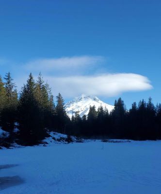 snowy view of Mt. Hood from Mirror Lake