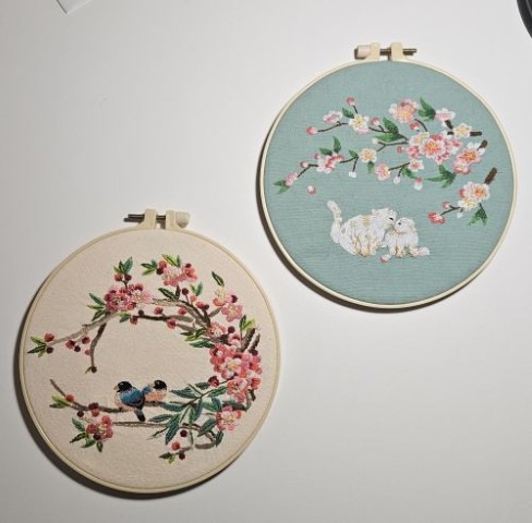 cat and bird embroidery kit